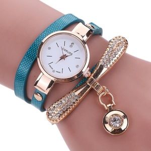 Women Leather Rhinestone Quartz Wrist Watch teal